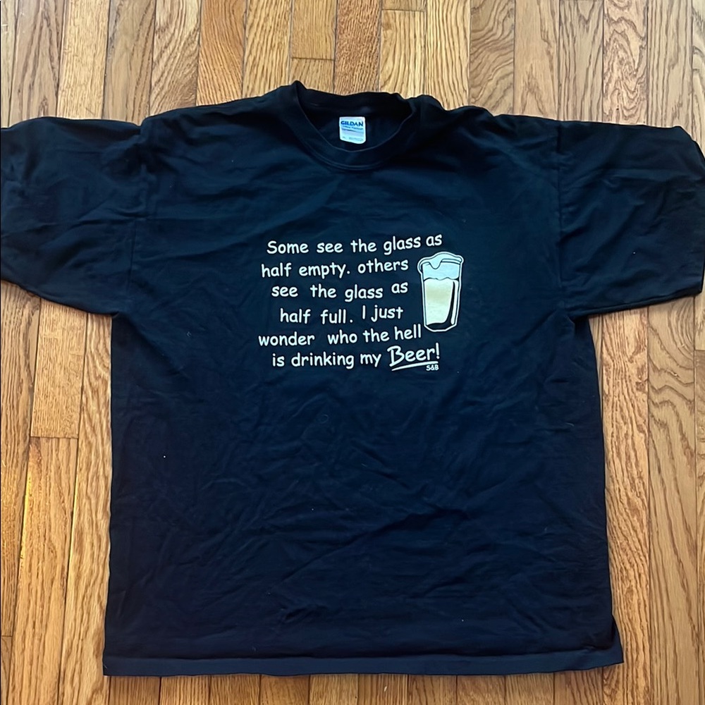 Men's Beer Graphic Tee Casual Black XL Funny Novelty s&B half empty half full